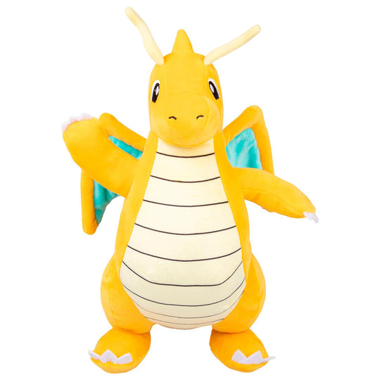 Peluche Dragonite Pokémon de 30 cm vue de face avec détails précis et couleurs vives