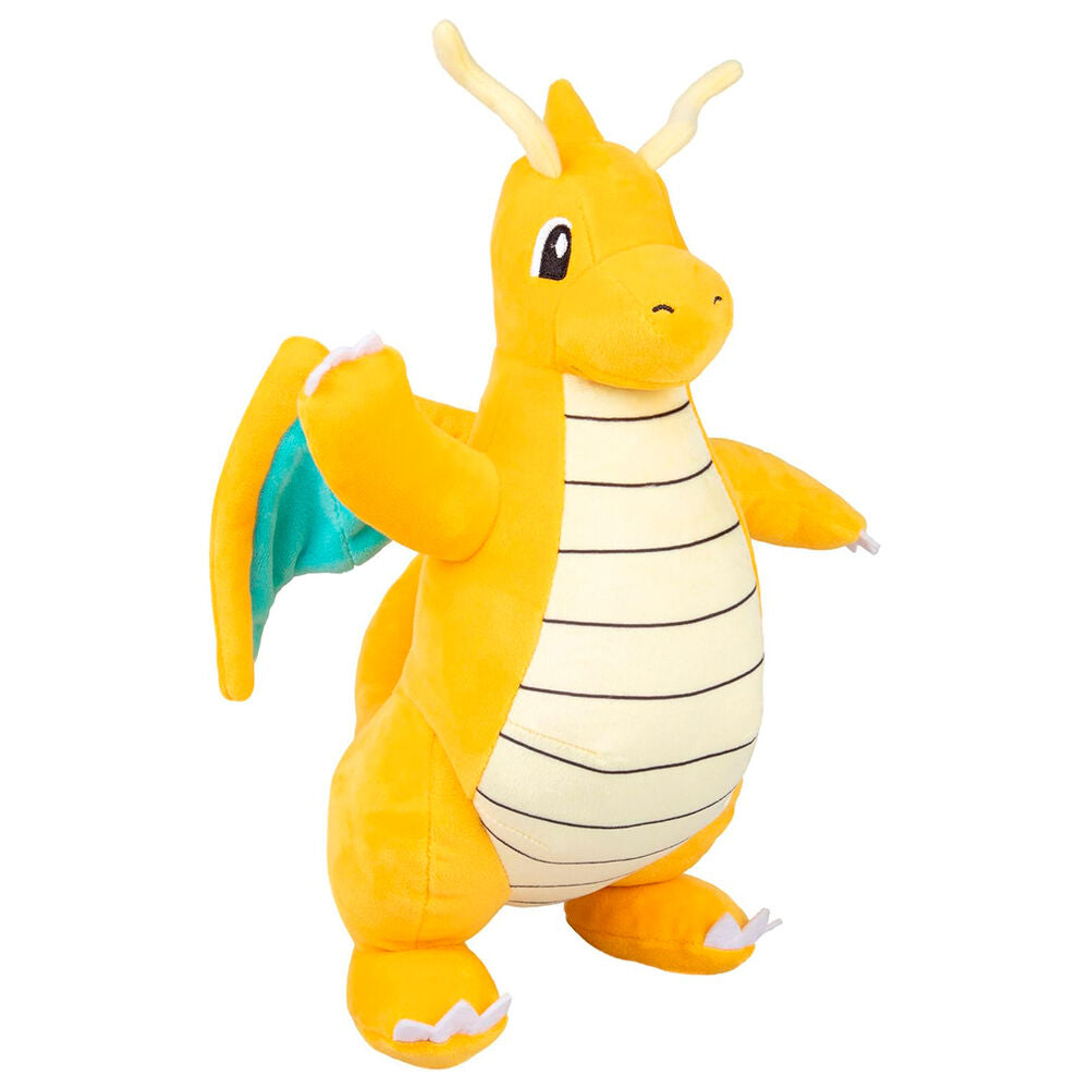 Peluche Dragonite Pokémon posée sur un fond neutre pour mise en valeur des détails