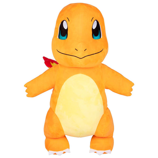 Peluche Salamèche Pokémon de 60cm vue de face avec détails précis et couleurs vives