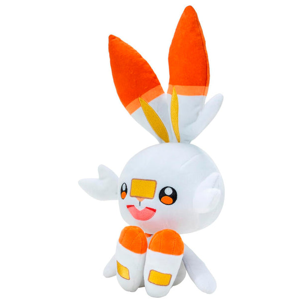 Peluche Pokémon Scorbunny de 30 cm vue de face avec couleurs vives et détails précis
