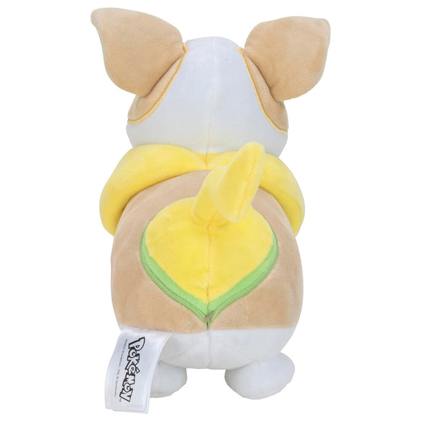 Détail du visage de la peluche Yamper montrant ses yeux expressifs et son museau souriant