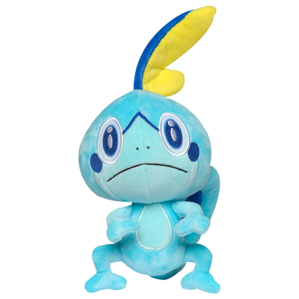 Peluche Pokémon Sobble de 20cm vue de face avec détails bleus et expression adorable, marque JAZWARES