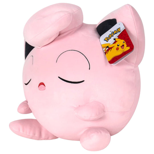 Image de la peluche Jigglypuff endormi de dos, illustrant la finition soignée et la forme arrondie
