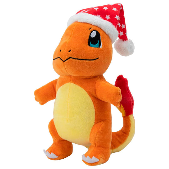 Vue latérale de la peluche Salamèche Pokémon rouge et orange, édition Noël