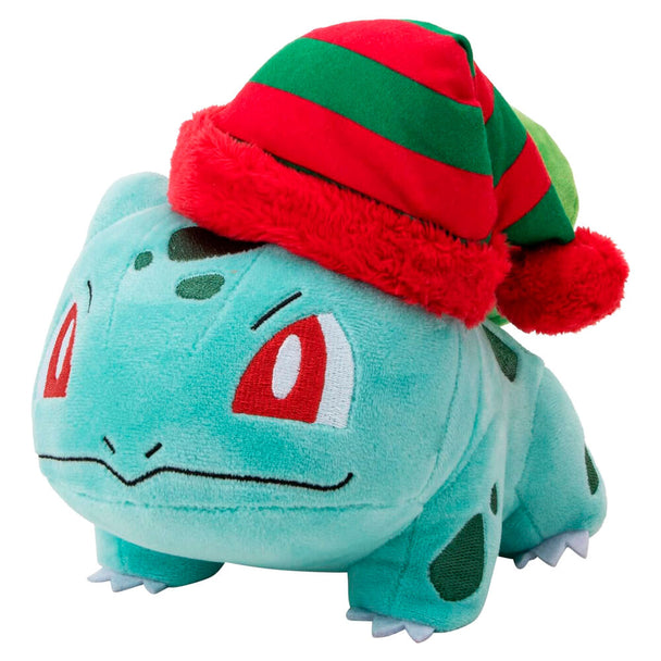 Détail du visage souriant de la peluche Bulbizarre de Noël Pokémon JAZWARES