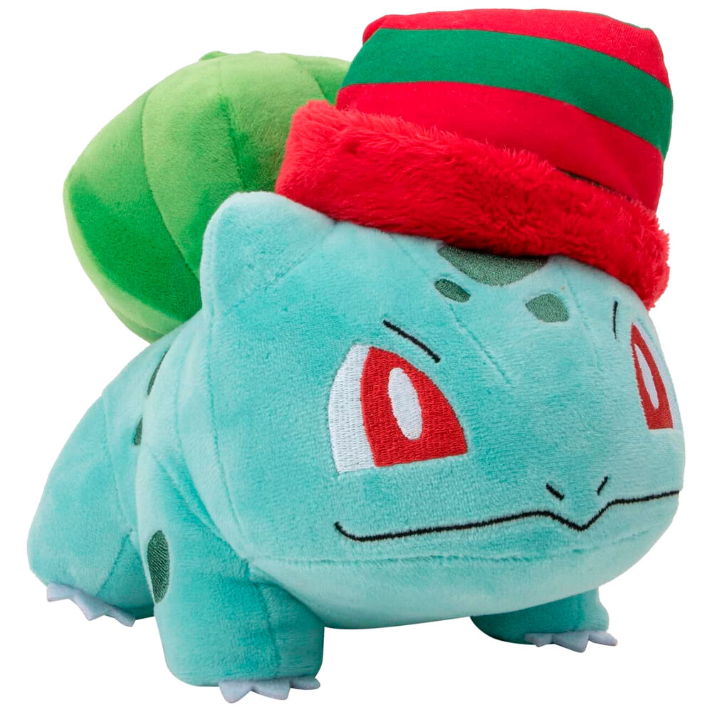 Peluche Bulbizarre de Noël Pokémon 20cm vue de face avec bonnet rouge et blanc
