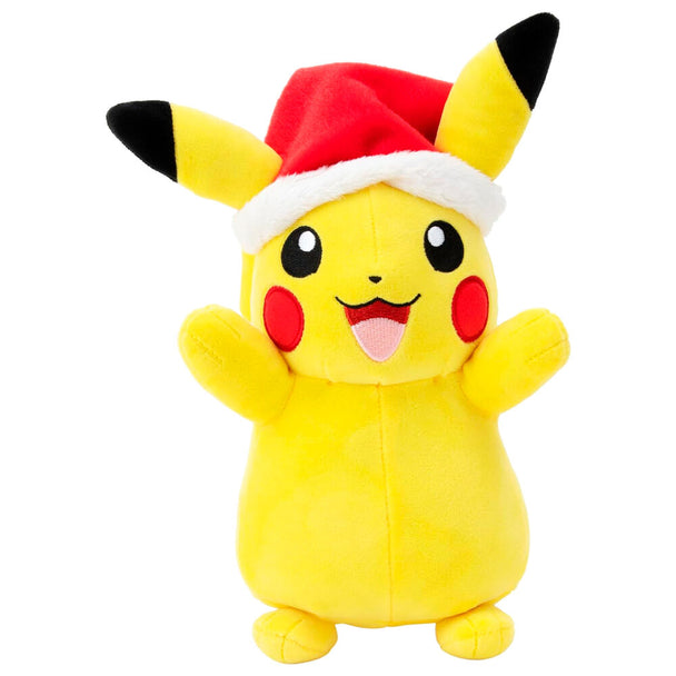 Peluche Pikachu Noël 20cm vue de face avec bonnet rouge et blanc sur fond blanc