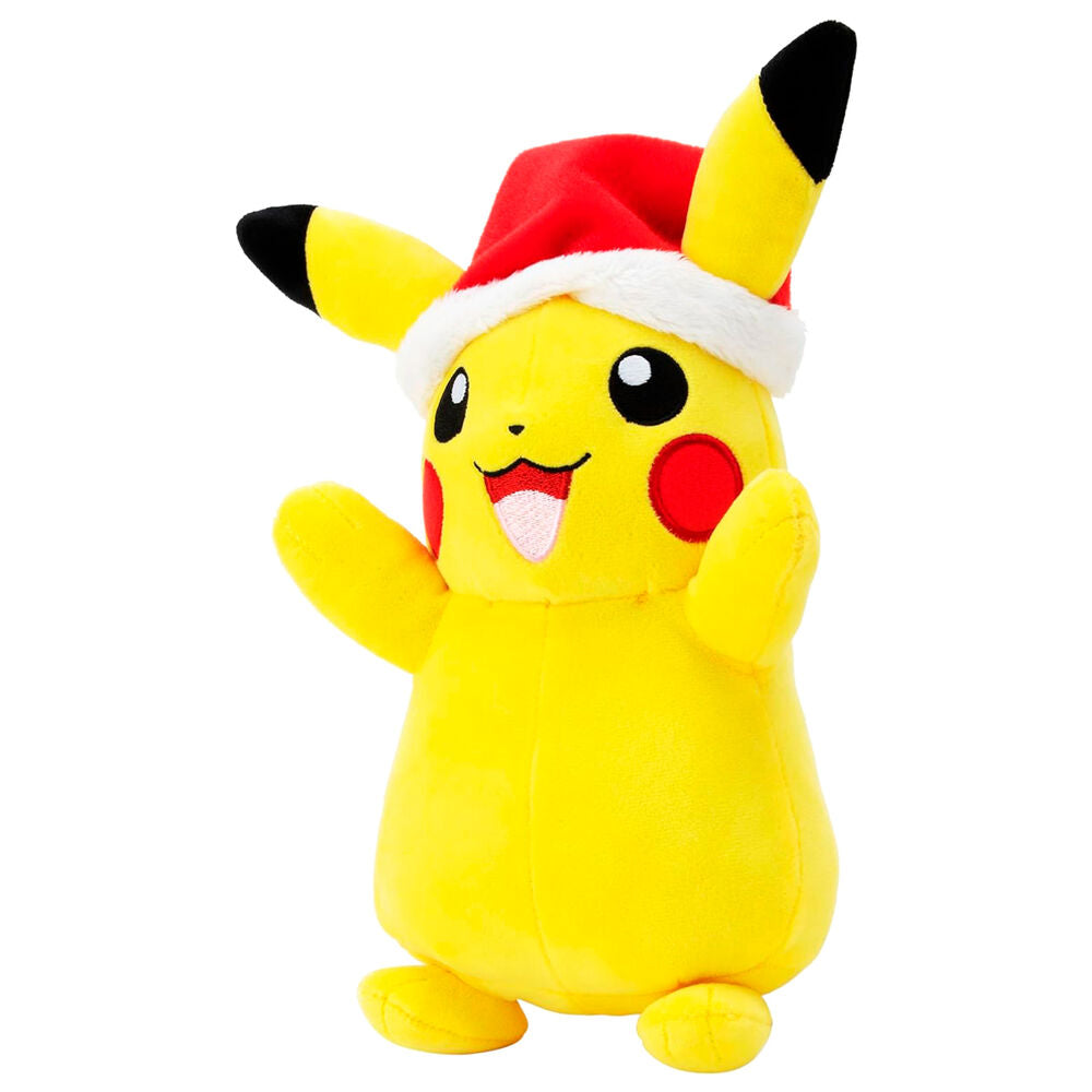 Détail du visage souriant de la peluche Pikachu de Noël avec ses joues rouges et yeux brillants