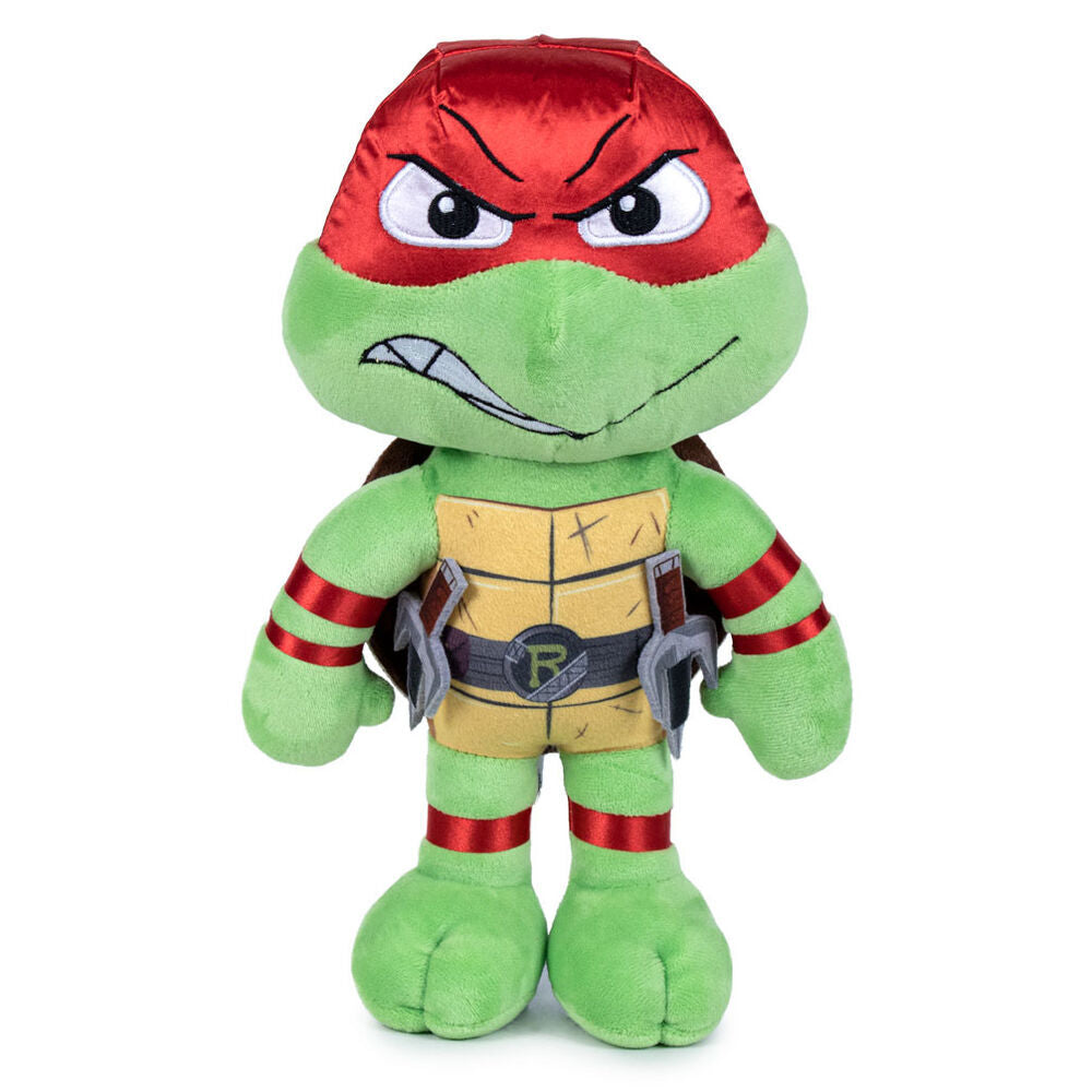 Peluche de Rafael des Tortues Ninja Mutant Mayhem de 38 cm, fabriquée par PLAY BY PLAY, avec détails du visage et couleurs vives.