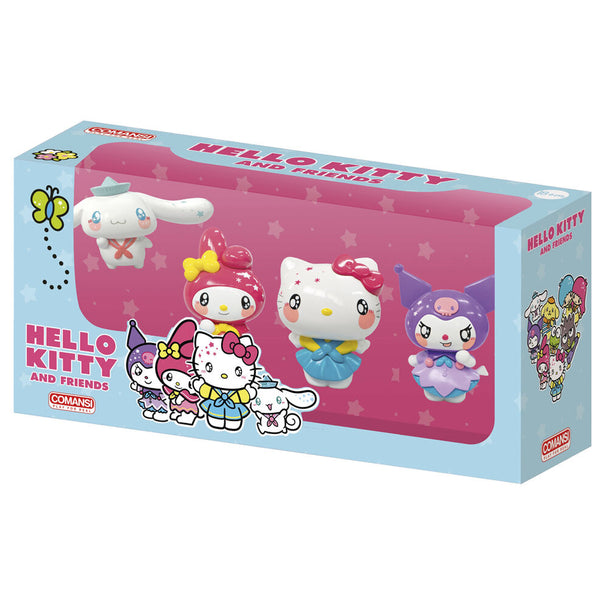 Pack de 4 figurines Hello Kitty Friends COMANSI colorées et détaillées vues de face sur fond blanc