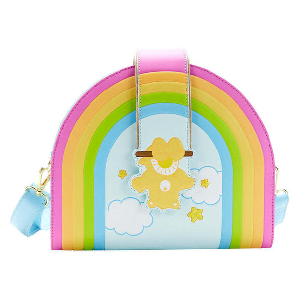 Vue avant du sac Loungefly Care Bears Rainbow Swing avec motif arc-en-ciel et personnages colorés