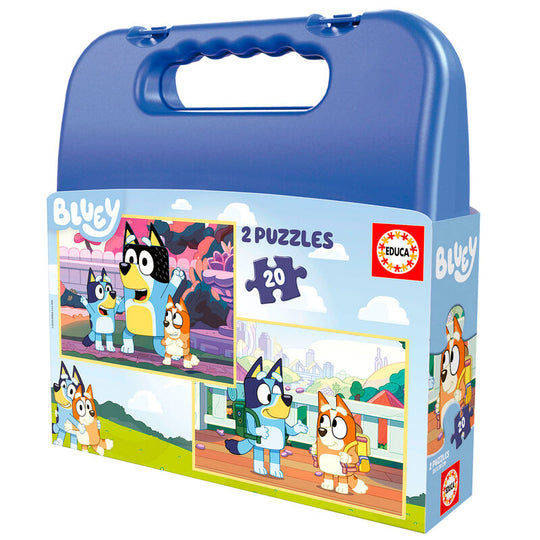 Puzzle Bluey en mallette avec 20 pièces assemblées montrant un décor coloré et enfantin