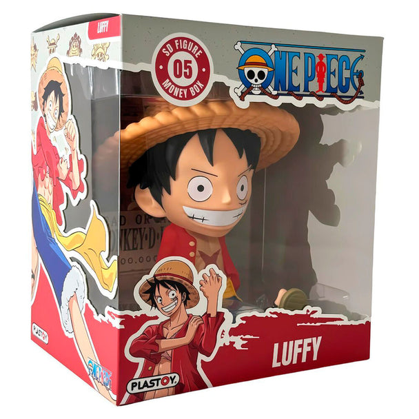 Vue de face de la tirelire figurine One Piece Luffy 18 cm en plastique de haute qualité
