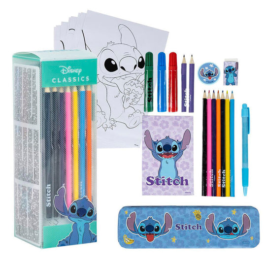 Set de papeterie Disney Stitch CERDÁ avec crayons et feuilles à colorier, présenté sur fond blanc