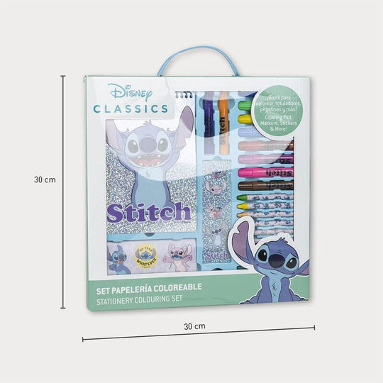 Zoom sur les détails du set Disney Stitch, montrant les crayons et feuilles à colorier inclus