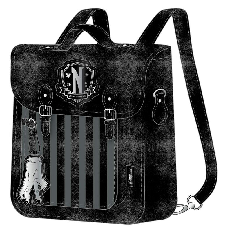 Sac à dos Wednesday CERDÁ 22 cm en simili cuir vue de face avec fermeture éclair et logo