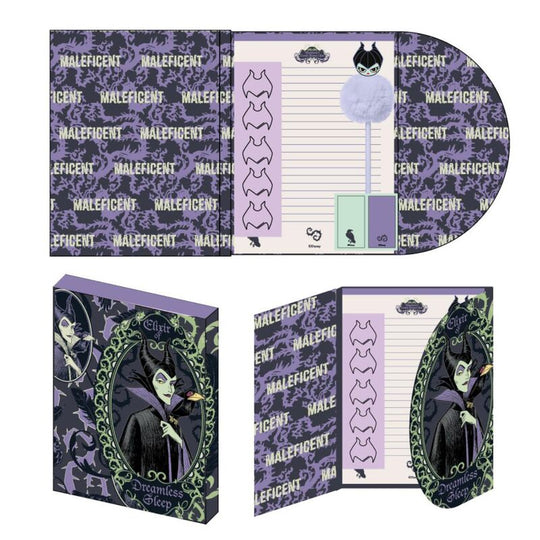 Vue rapprochée du set de papeterie Disney Villains avec stylos, carnets et accessoires aux motifs des méchants Disney.