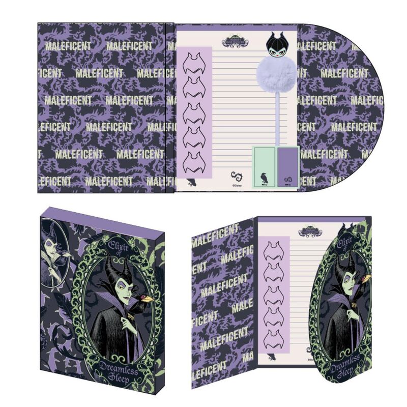Vue rapprochée du set de papeterie Disney Villains avec stylos, carnets et accessoires aux motifs des méchants Disney.