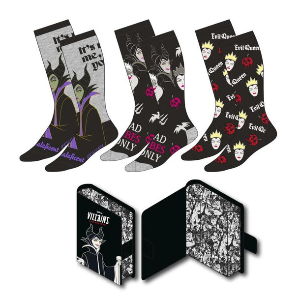 Pack de 3 chaussettes adultes Disney Villains par CERDÁ, taille 41-45, motifs des méchants Disney en coton et élasthanne.