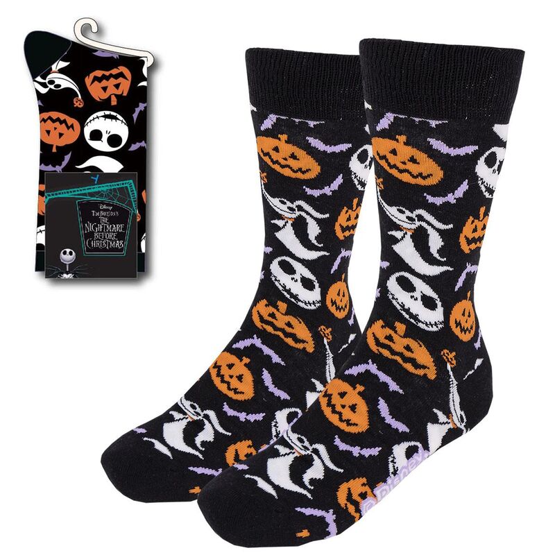 Chaussettes L'Étrange Noël de Mr Jack de CERDÁ, taille adulte, montrant les motifs de Jack Skellington et Sally sur fond noir et blanc.