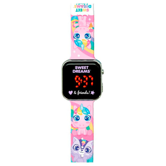 Montre LED Licorne SWEET DREAMS avec bracelet coloré et éclairage LED visible sur fond blanc
