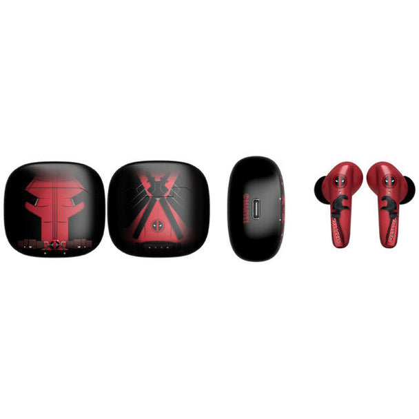 Casque sans fil Marvel Deadpool EXQUISITE GAMING avec design rouge et noir sur fond blanc