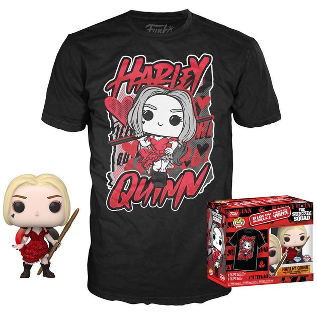 Figurine POP exclusive Harley Quinn en costume Suicide Squad sur fond blanc, détails précis et couleurs vives