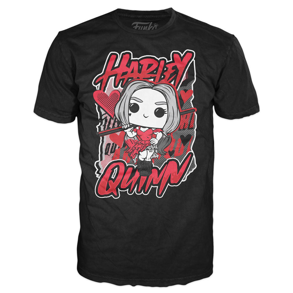 Ensemble complet du set FUNKO Suicide Squad avec figurine POP Harley Quinn et t-shirt, présenté sur fond neutre