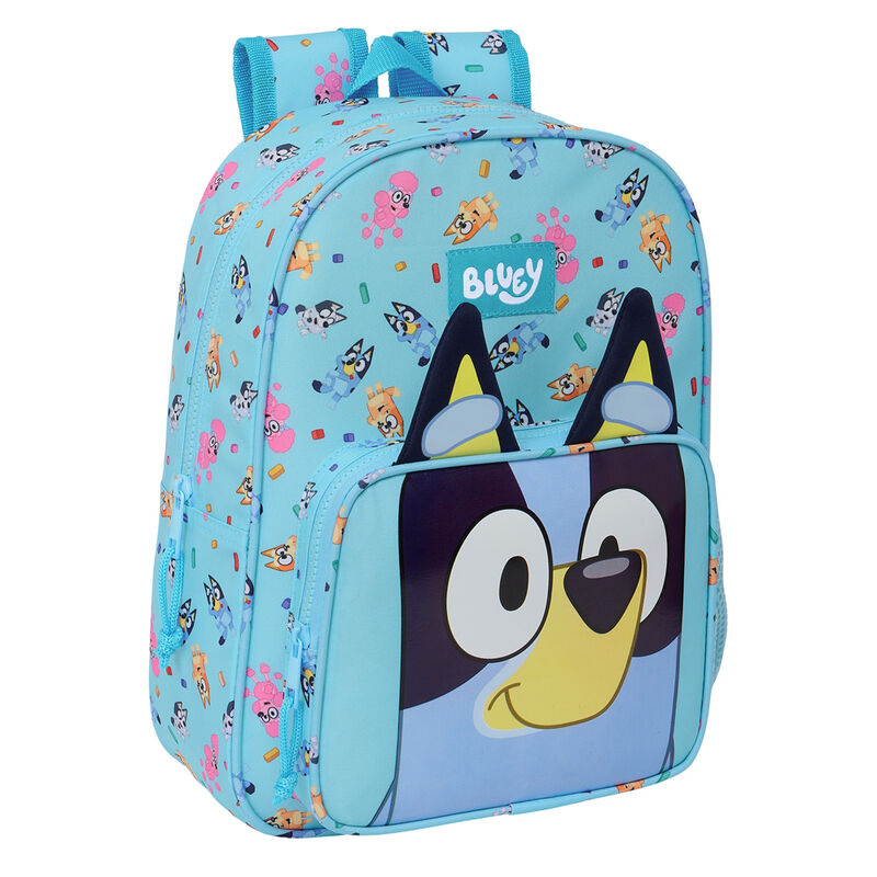 Sac à dos Bluey 34 cm vue de face avec grande poche avant zippée et logo SAFTA
