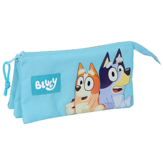 Vue de face de la trousse Bluey SAFTA montrant les trois compartiments zippés colorés