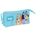 Vue de face de la trousse Bluey SAFTA montrant les trois compartiments zippés colorés