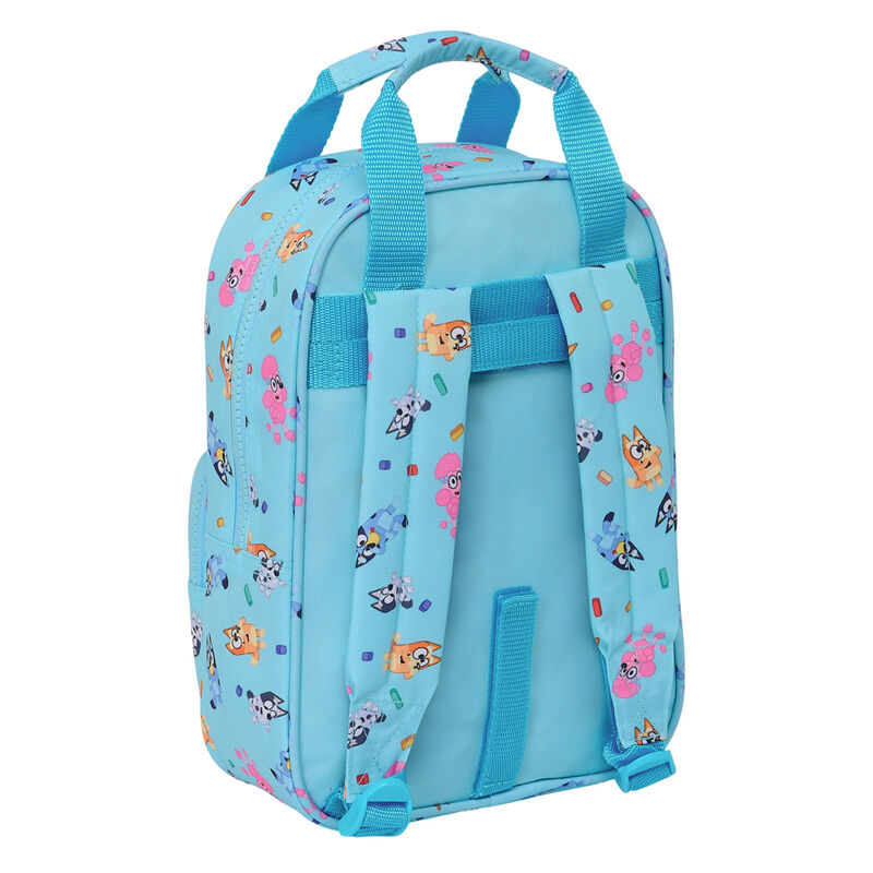 Détail des bretelles rembourrées et poignées doublées du sac à dos Bluey adaptable trolley