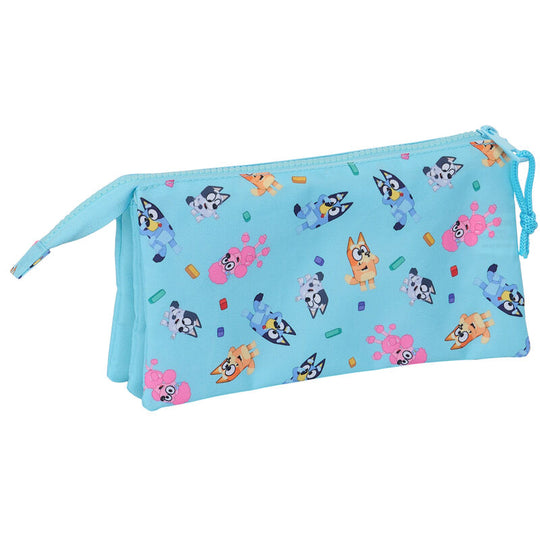 Photo détaillée de la fermeture éclair centrale de la trousse Bluey avec logo SAFTA visible