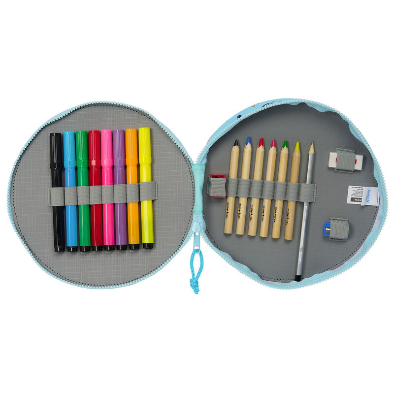 Trousse Bluey ouverte montrant les 18 pièces colorées prêtes à l'utilisation