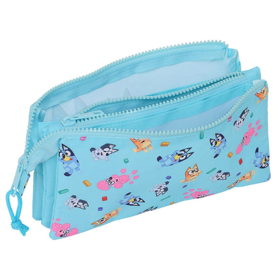 Trousse Bluey ouverte révélant les espaces de rangement multiples et la pochette intérieure
