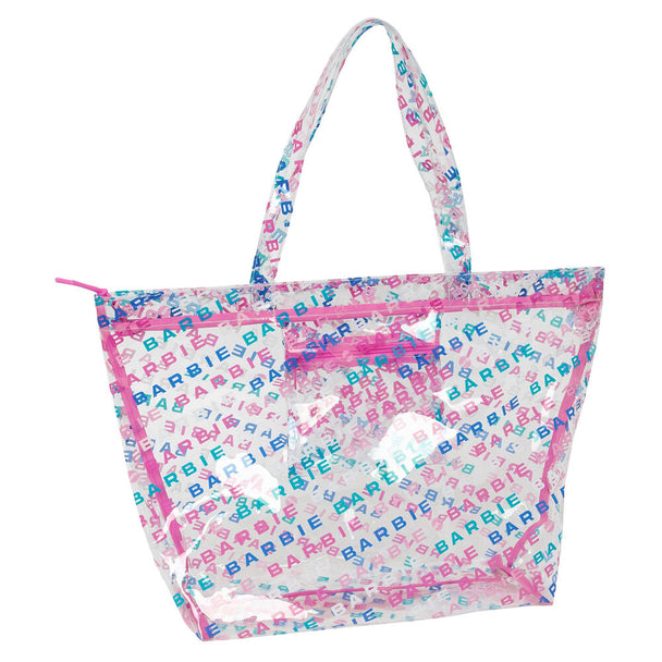 Vue rapprochée du design vibrant du sac de plage Barbie SAFTA avec ses poignées solides