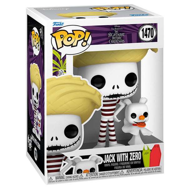 Figurine Funko POP Zero le chien fantôme à côté de Jack Skellington, présentée dans son emballage collector.