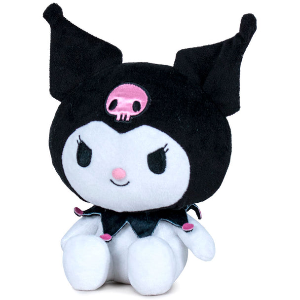 Peluche Hello Kitty Kuromi officielle SANRIO de 22cm, vue de face avec détails précis et couleurs vives.