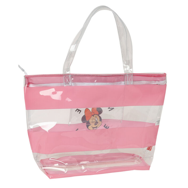 Détail du logo Minnie imprimé sur le sac de plage SAFTA, mettant en valeur le style Disney unique
