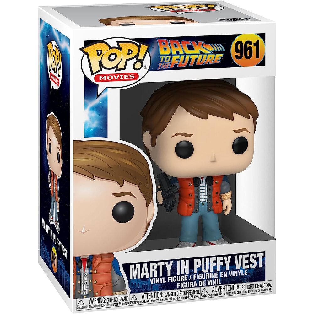 Vue de face de la figurine Funko POP Doc Marty avec son gilet gonflé, détail du vinyle et design fidèle