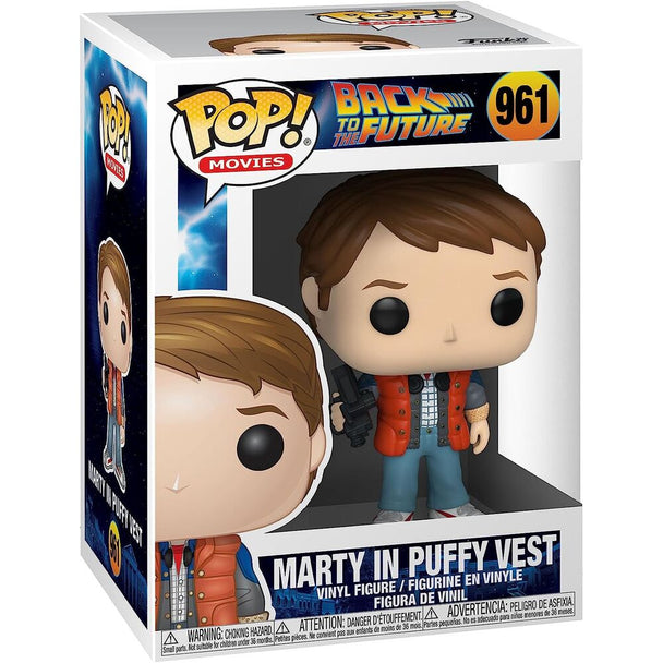 Vue de face de la figurine Funko POP Doc Marty avec son gilet gonflé, détail du vinyle et design fidèle