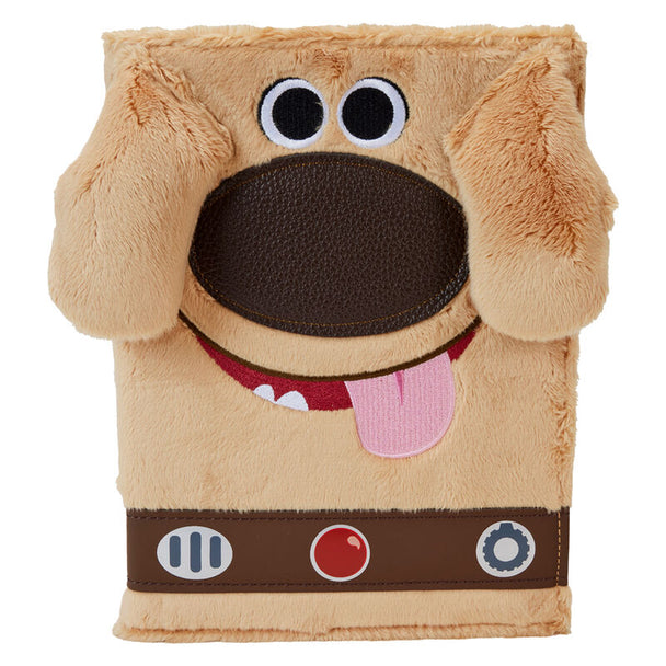 Carnet en peluche Loungefly Dug Disney Pixar Up 15e anniversaire avec garnitures dorées et cuir vegan, vue de face.
