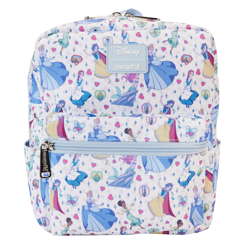 Vue de face du sac à dos Loungefly Disney Princess Manga avec imprimé coloré et bretelles ajustables.