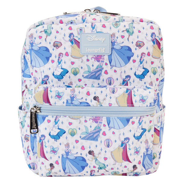 Vue de face du sac à dos Loungefly Disney Princess Manga avec imprimé coloré et bretelles ajustables.