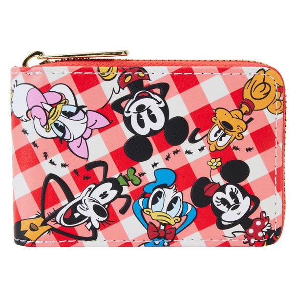 Vue avant du portefeuille accordéon Loungefly Mickey & Friends en cuir vegan avec fermeture dorée brillante