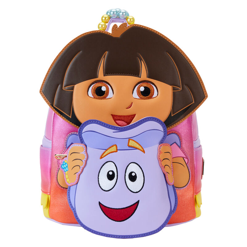 Vue de face du sac à dos Loungefly Dora l'exploratrice en cuir vegan scintillant avec détails colorés
