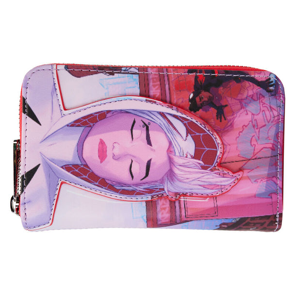 Vue de face du portefeuille Loungefly Spider-Gwen Marvel Spider-Verse en cuir vegan avec fermeture éclair argentée