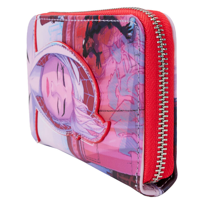 Intérieur du portefeuille Loungefly Spider-Gwen avec doublure coordonnée et compartiments pour cartes