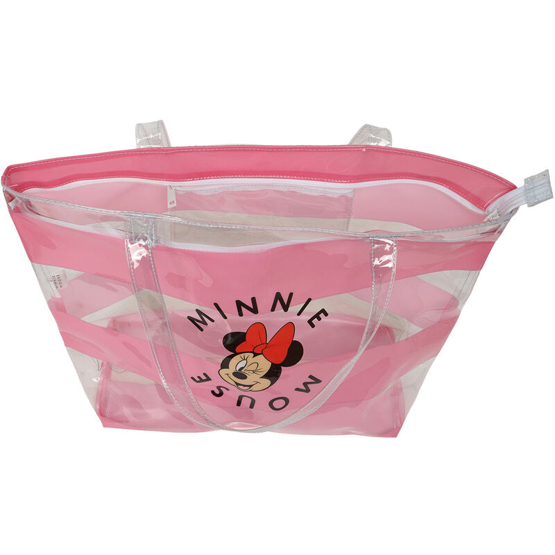 Présentation du sac de plage Disney Minnie SAFTA utilisé sur une plage ensoleillée, illustrant son usage pratique