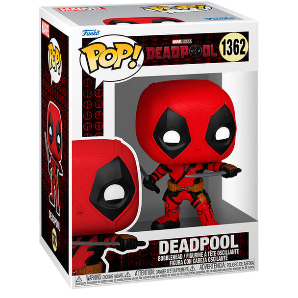 Détail de la figurine Funko POP Deadpool Marvel montrant le design unique et les couleurs vives du personnage